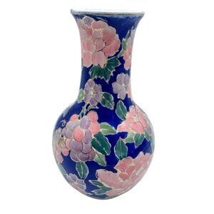 Hand-Painted Pink Floral on Blue Ceramic Gold Paint Accent Vase Chinese 8.25" H